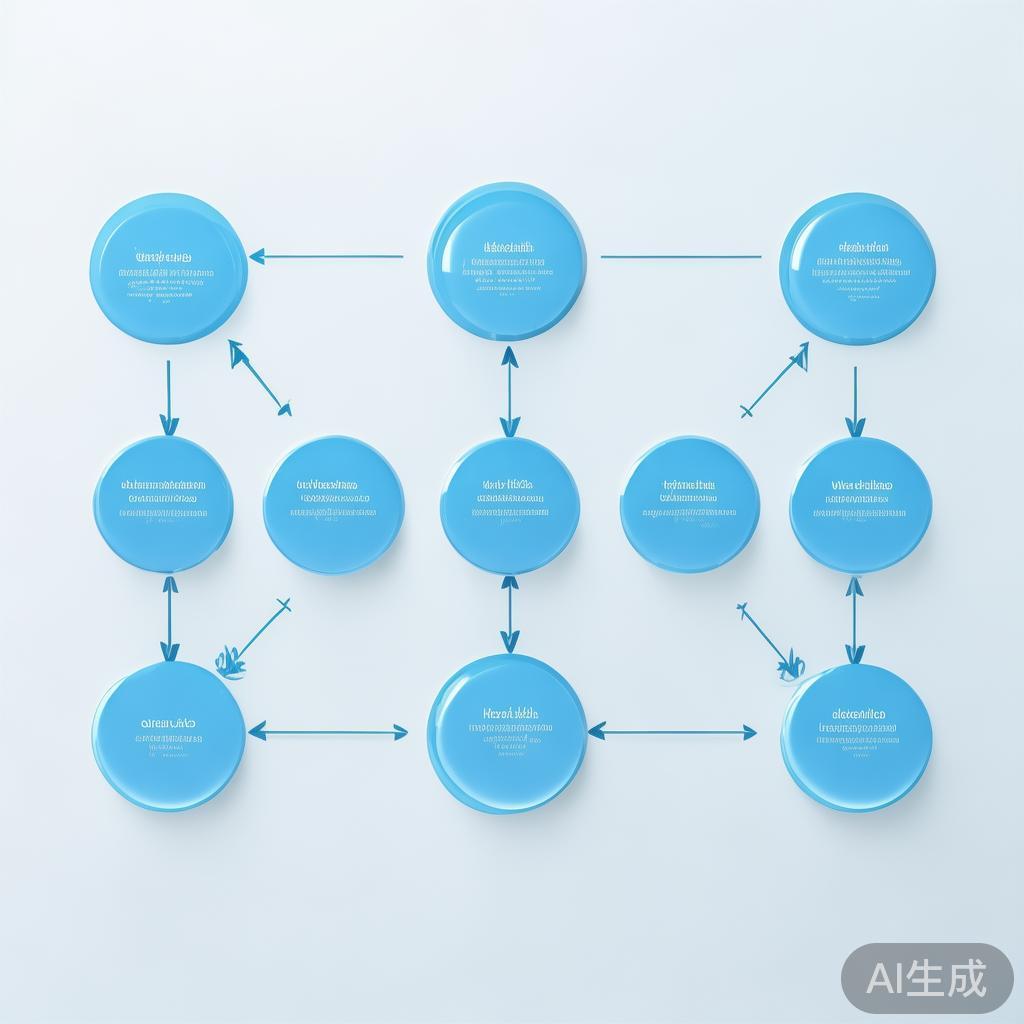 Simple flowchart illustration with connected circles and arrows, light blue and white color scheme, clean minimal design, business presentation style, infographic element