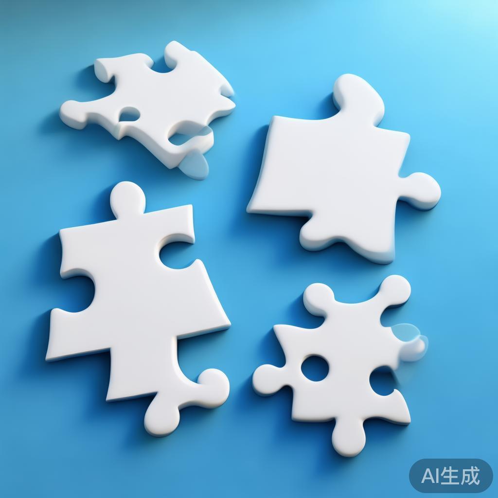 Simple puzzle pieces connecting together, gradient blue background, clean flat design, business solution concept, minimalist style, success concept