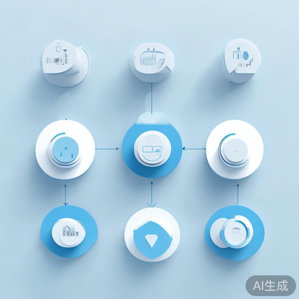 Simple flowchart illustration with connected circles and arrows, light blue and white color scheme, clean minimal design, business presentation style, infographic element