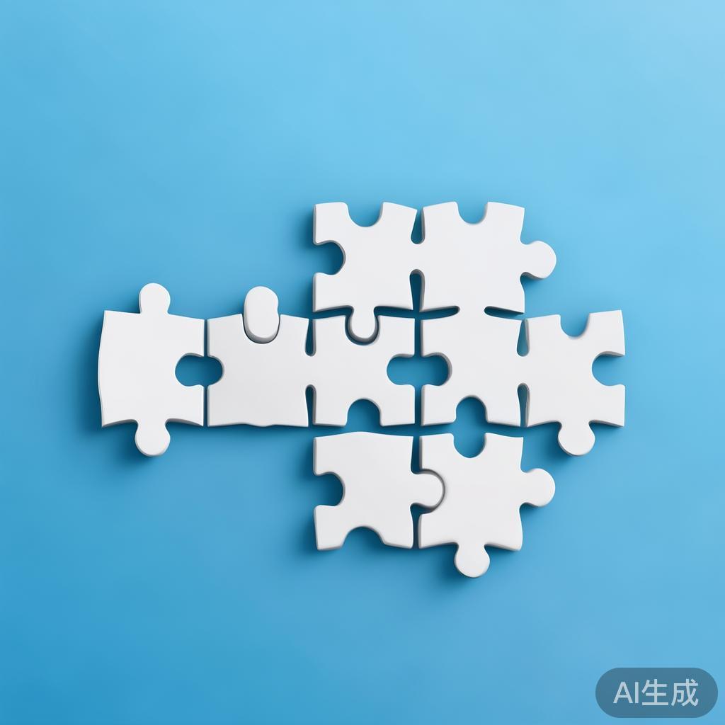 Simple puzzle pieces connecting together, gradient blue background, clean flat design, business solution concept, minimalist style, success concept