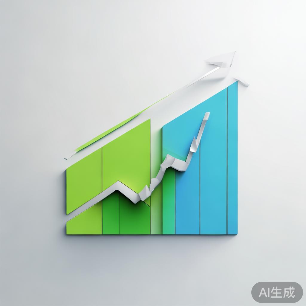 "Upward trending graph with simple geometric elements, green and blue color palette, clean business infographic style, minimal design, growth concept"