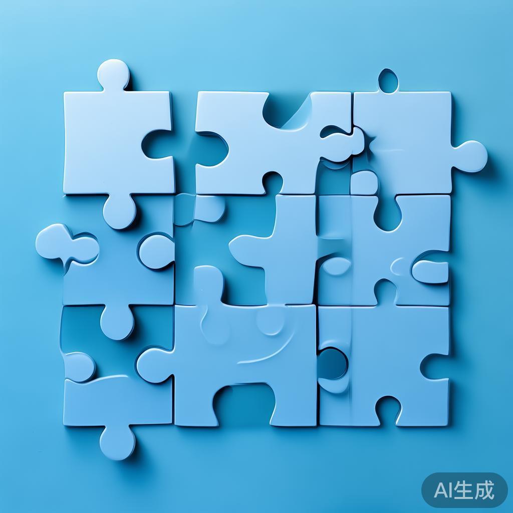 "Simple puzzle pieces connecting together, gradient blue background, clean flat design, business solution concept, minimalist style, success concept"