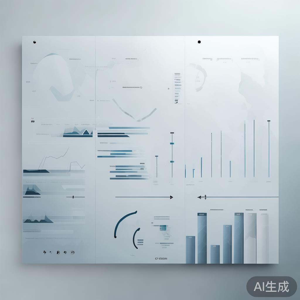 Minimalist business dashboard with abstract data visualization, soft gradient background, professional color scheme, clean geometric shapes, flat design style, high quality