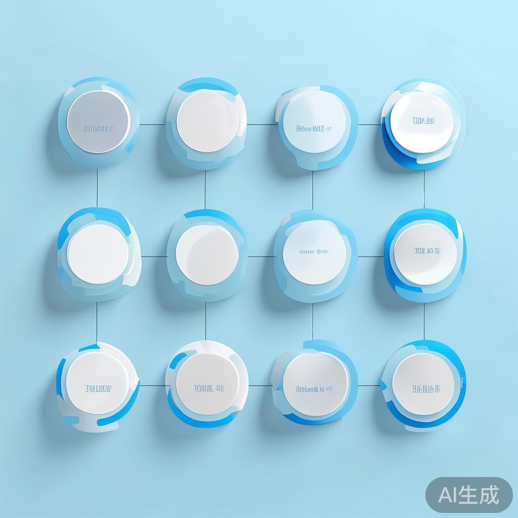 Simple flowchart illustration with connected circles and arrows, light blue and white color scheme, clean minimal design, business presentation style, infographic element