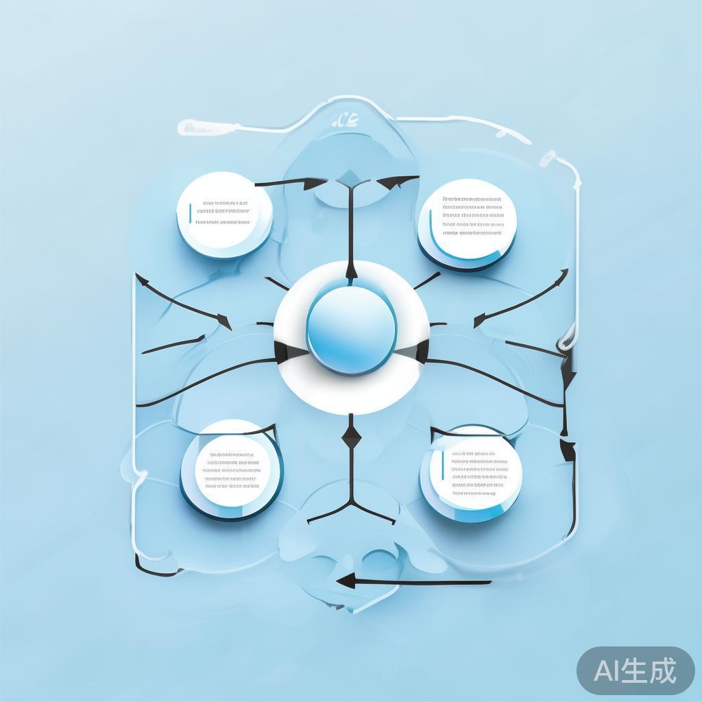 Simple flowchart illustration with connected circles and arrows, light blue and white color scheme, clean minimal design, business presentation style, infographic element