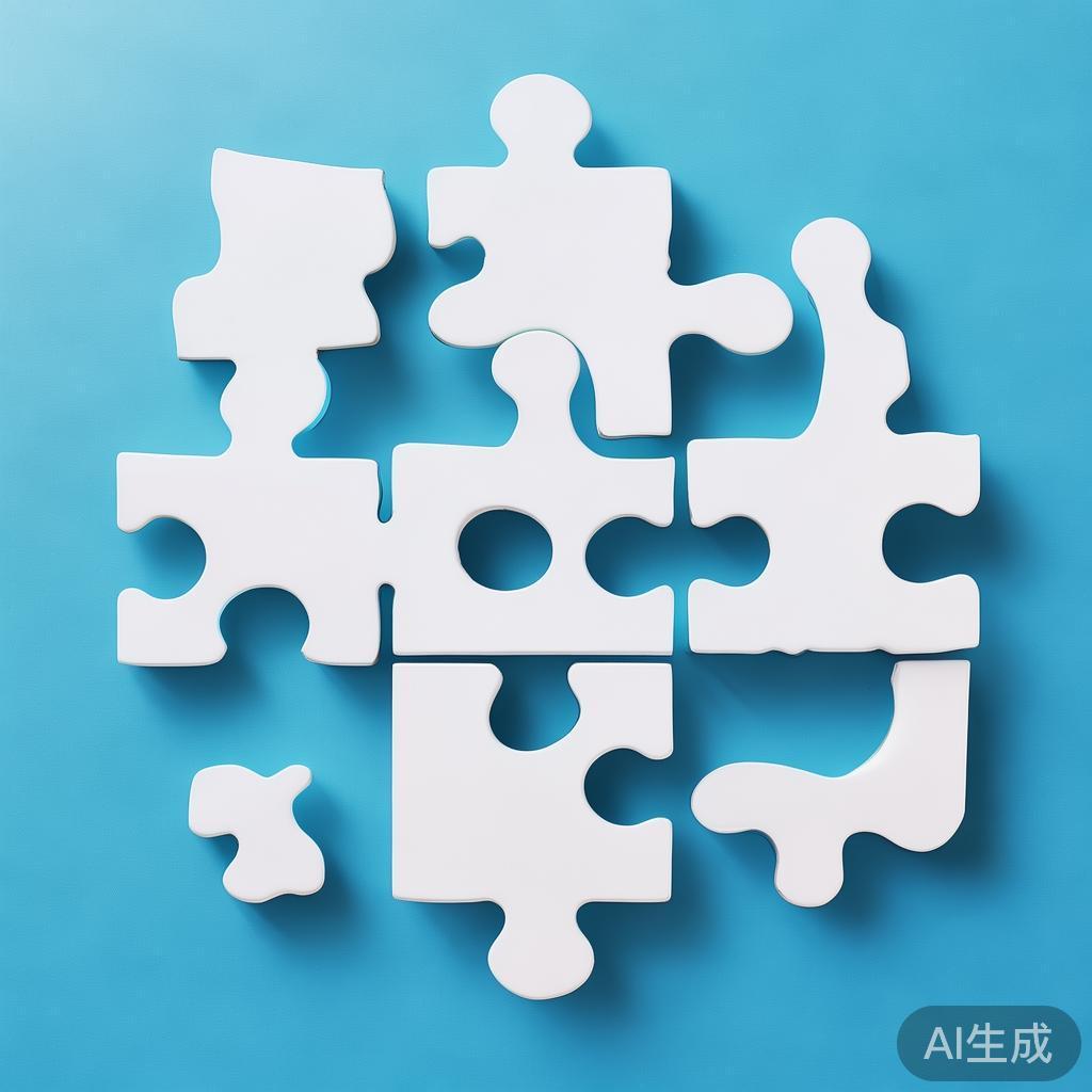 Simple puzzle pieces connecting together, gradient blue background, clean flat design, business solution concept, minimalist style, success concept
