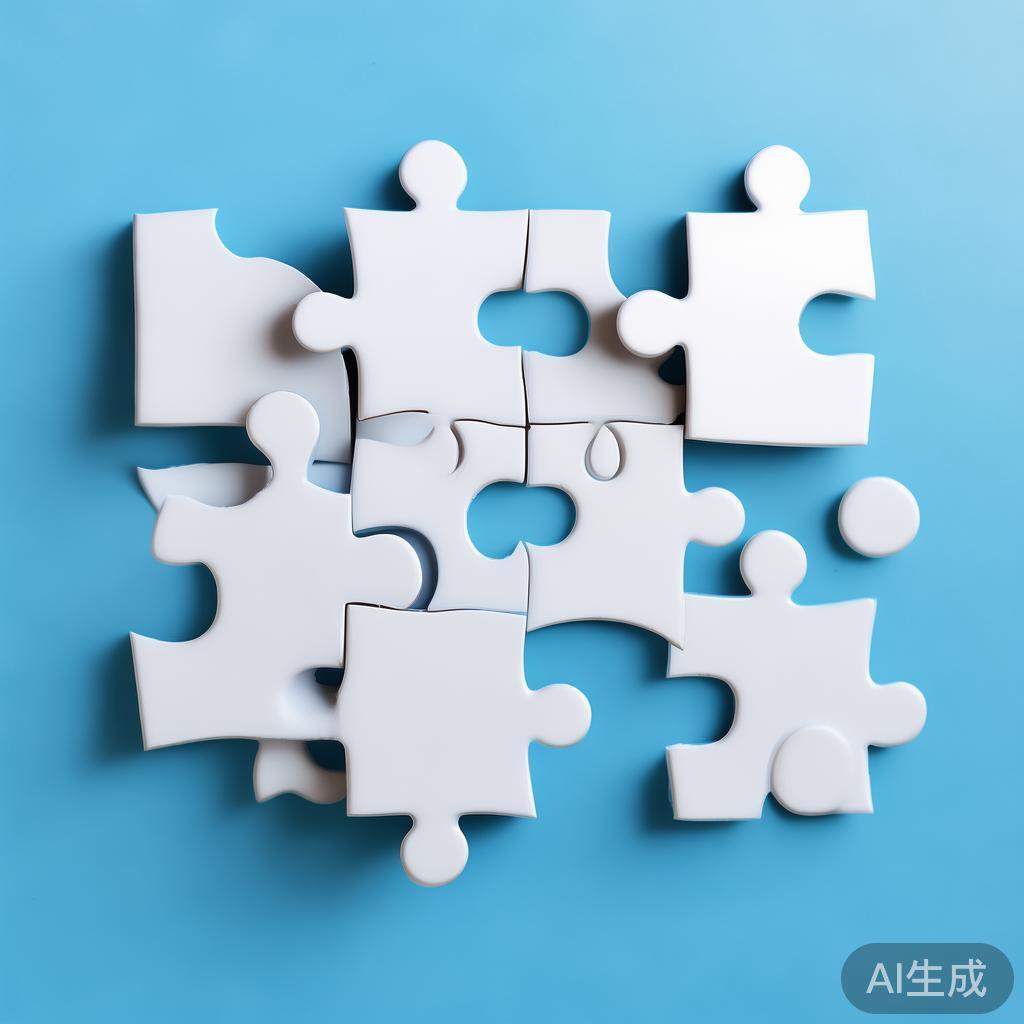 Simple puzzle pieces connecting together, gradient blue background, clean flat design, business solution concept, minimalist style, success concept