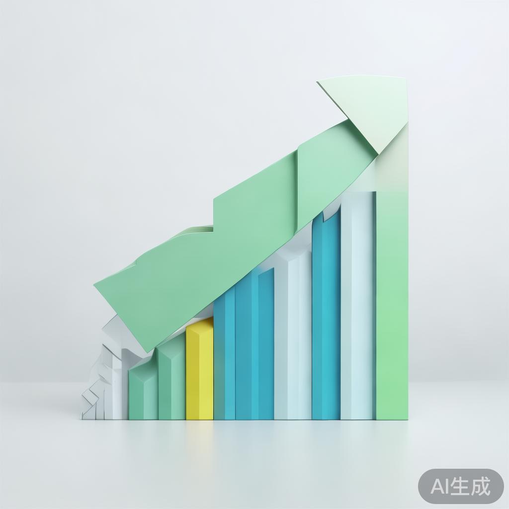 Upward trending graph with simple geometric elements, green and blue color palette, clean business infographic style, minimal design, growth concept