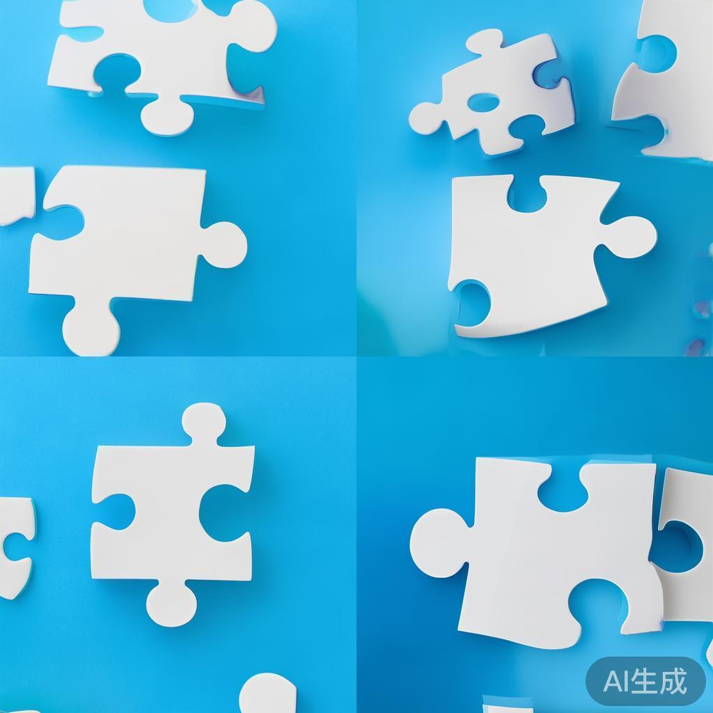 Simple puzzle pieces connecting together, gradient blue background, clean flat design, business solution concept, minimalist style, success concept