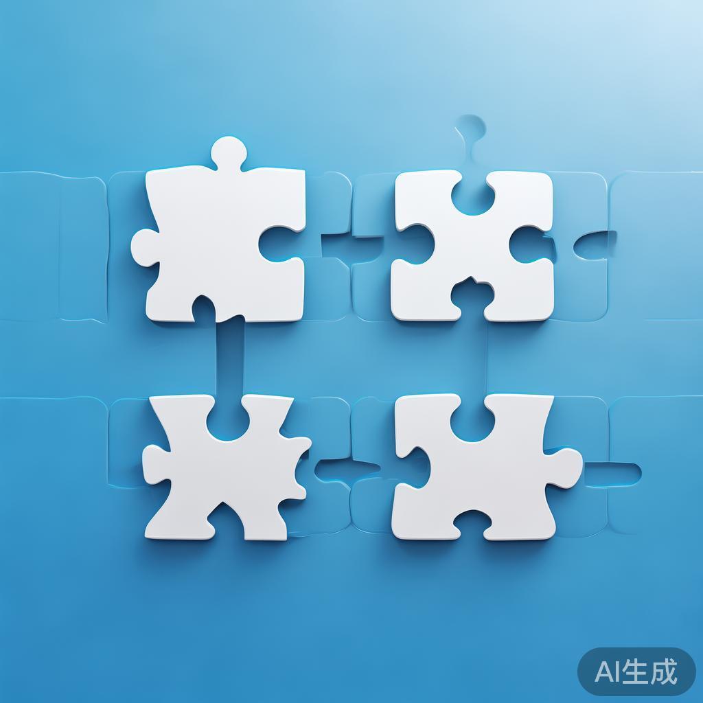 Simple puzzle pieces connecting together, gradient blue background, clean flat design, business solution concept, minimalist style, success concept