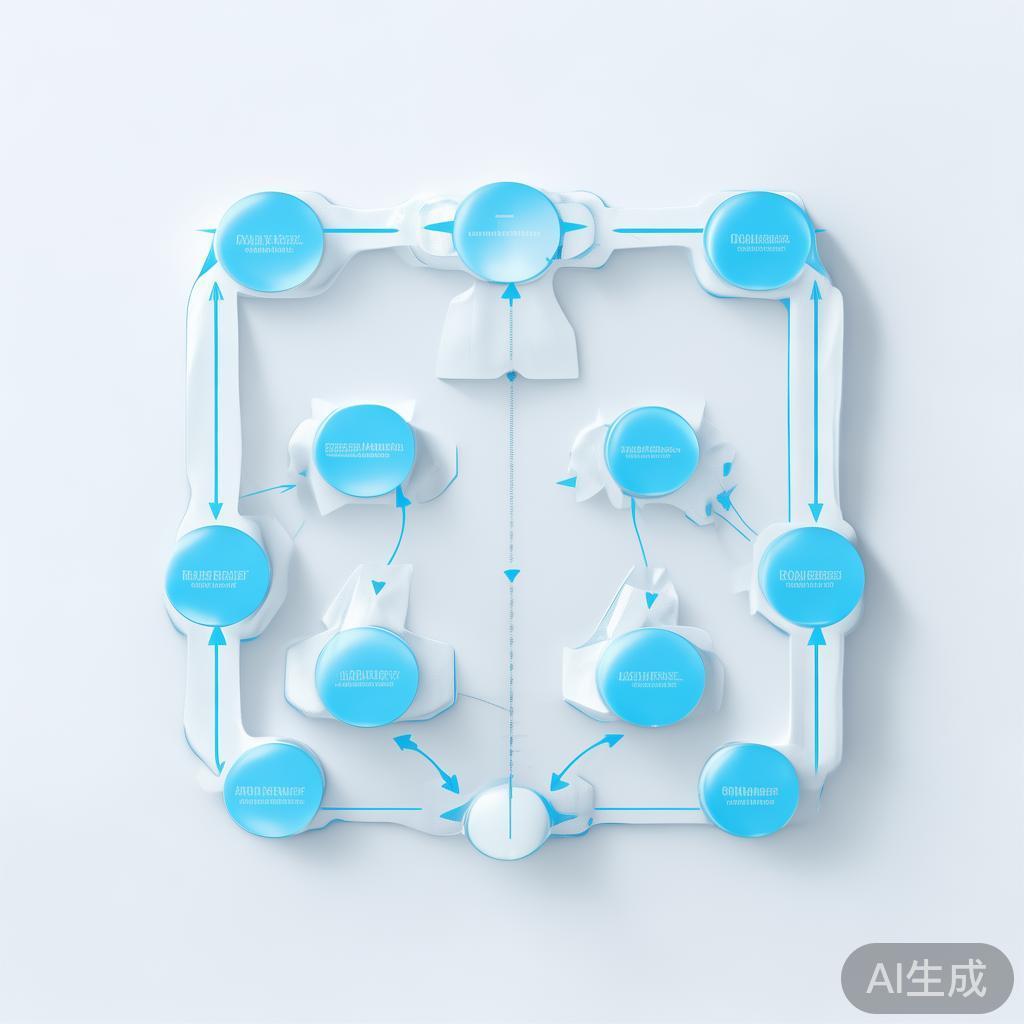"Simple flowchart illustration with connected circles and arrows, light blue and white color scheme, clean minimal design, business presentation style, infographic element"