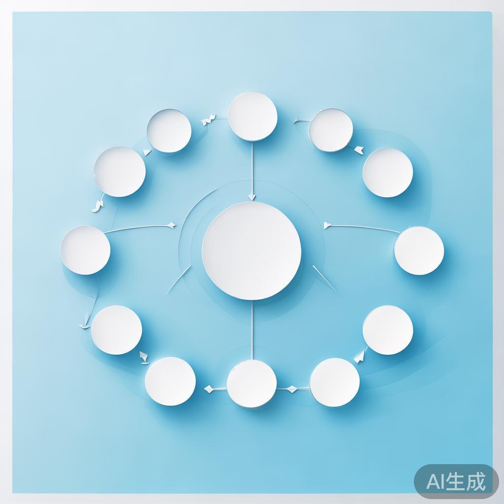 Simple flowchart illustration with connected circles and arrows, light blue and white color scheme, clean minimal design, business presentation style, infographic element