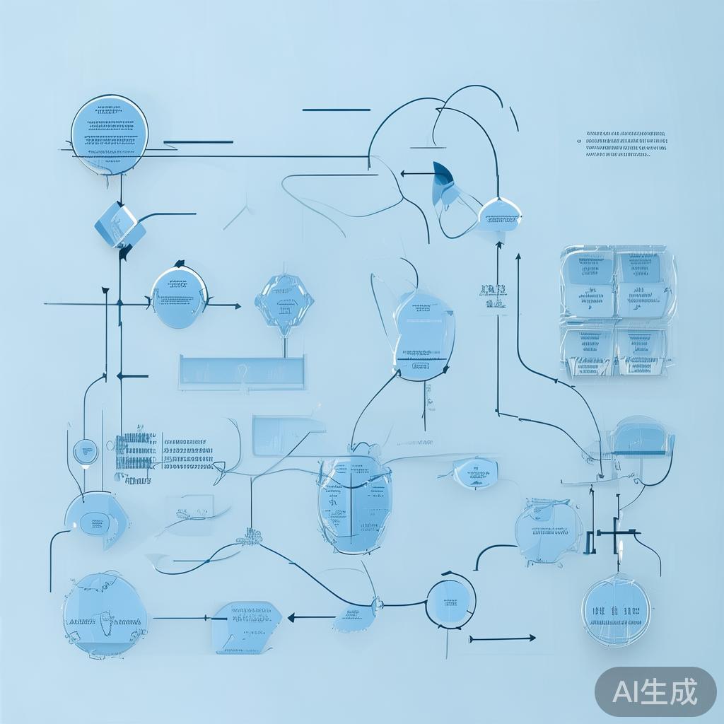 Simple flowchart illustration with connected circles and arrows, light blue and white color scheme, clean minimal design, business presentation style, infographic element