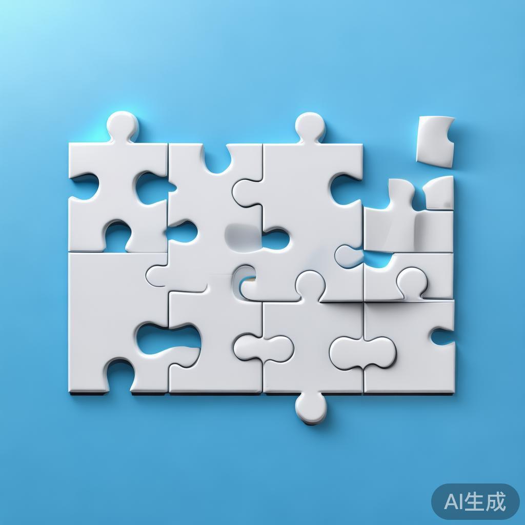 Simple puzzle pieces connecting together, gradient blue background, clean flat design, business solution concept, minimalist style, success concept