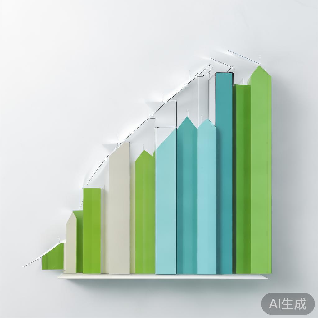 "Upward trending graph with simple geometric elements, green and blue color palette, clean business infographic style, minimal design, growth concept"