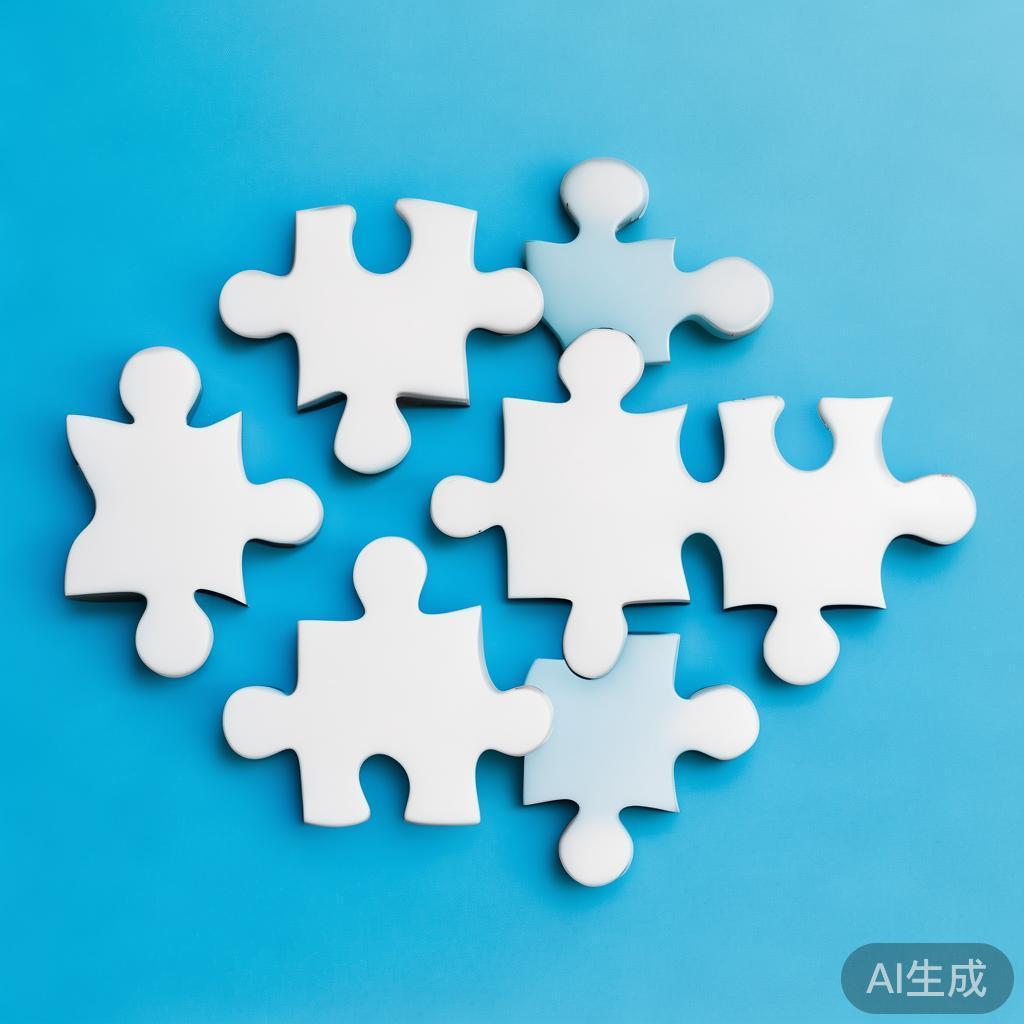 Simple puzzle pieces connecting together, gradient blue background, clean flat design, business solution concept, minimalist style, success concept