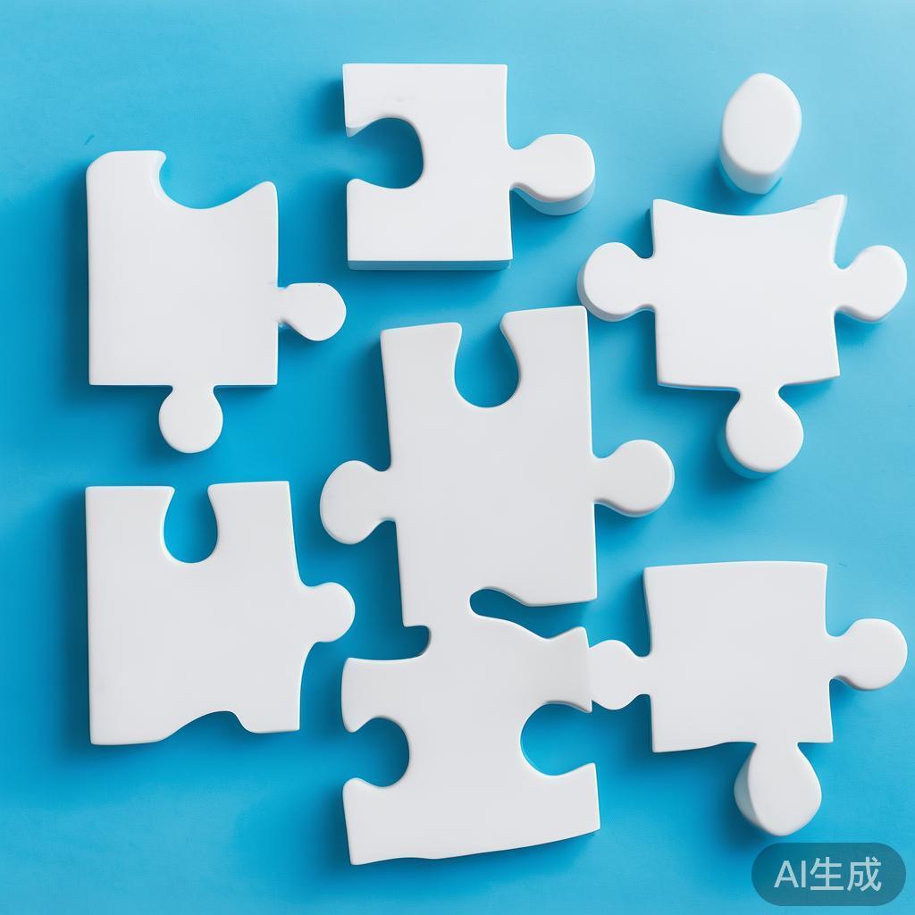 Simple puzzle pieces connecting together, gradient blue background, clean flat design, business solution concept, minimalist style, success concept