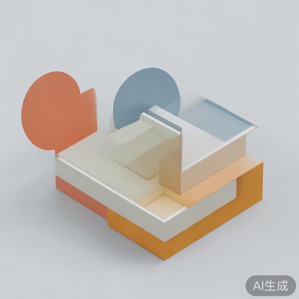 Abstract geometric composition with overlapping shapes, soft pastel colors, modern minimal style, professional business concept illustration, 3d render isometric