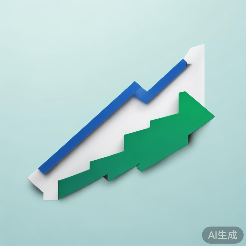 Upward trending graph with simple geometric elements, green and blue color palette, clean business infographic style, minimal design, growth concept