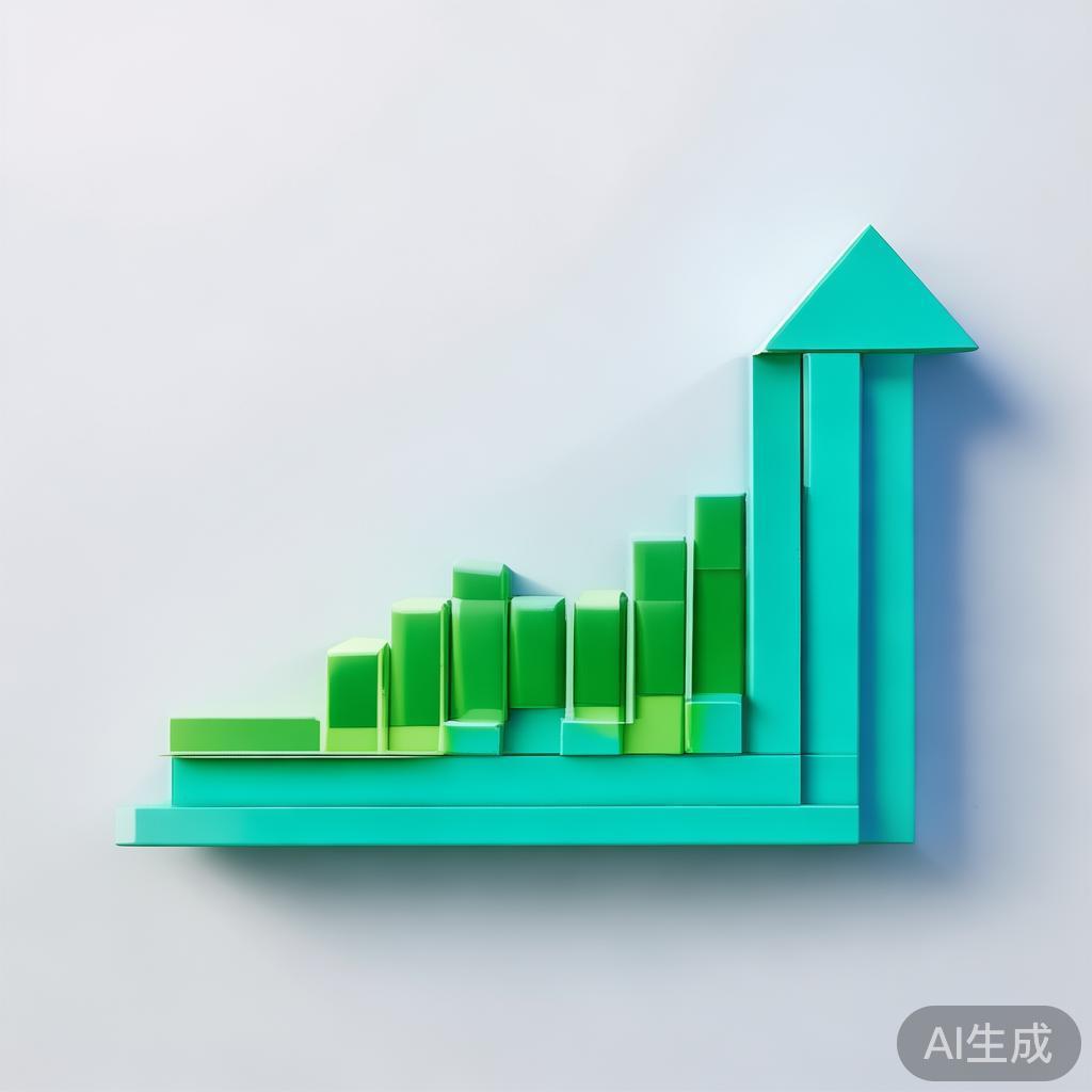 Upward trending graph with simple geometric elements, green and blue color palette, clean business infographic style, minimal design, growth concept