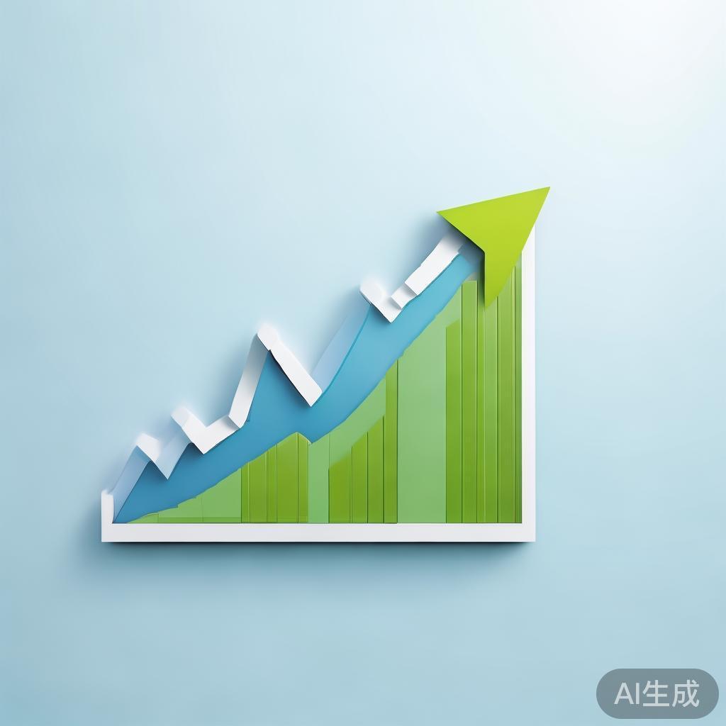 Upward trending graph with simple geometric elements, green and blue color palette, clean business infographic style, minimal design, growth concept