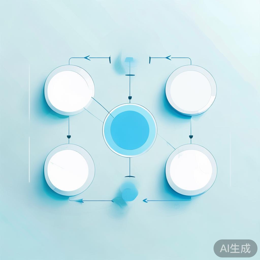 "Simple flowchart illustration with connected circles and arrows, light blue and white color scheme, clean minimal design, business presentation style, infographic element"