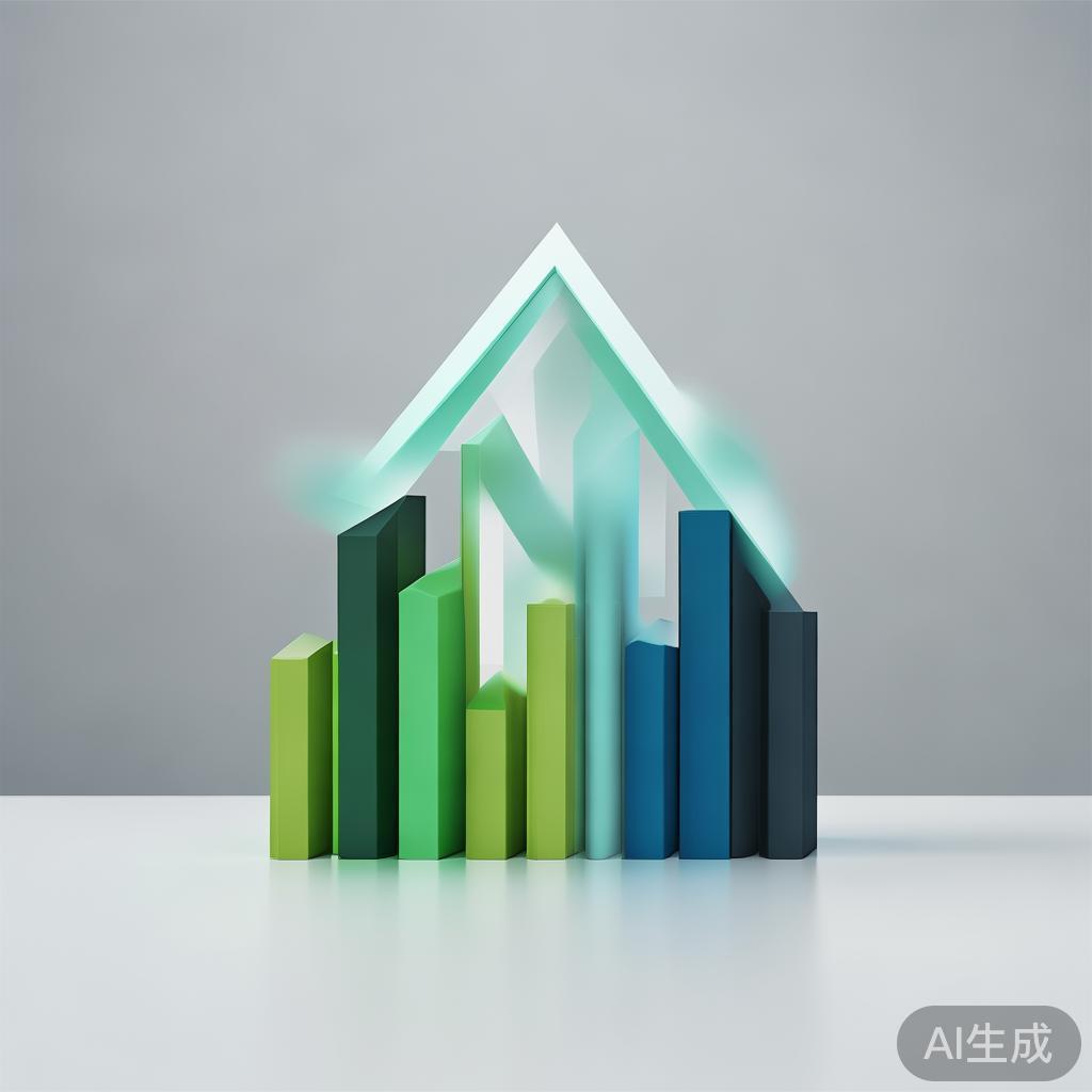 "Upward trending graph with simple geometric elements, green and blue color palette, clean business infographic style, minimal design, growth concept"