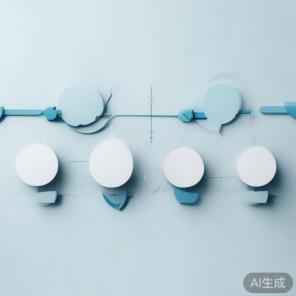 Minimal flowchart illustration with connected circles and arrows, light blue and white color scheme, clean minimal design, business presentation style, infographic element