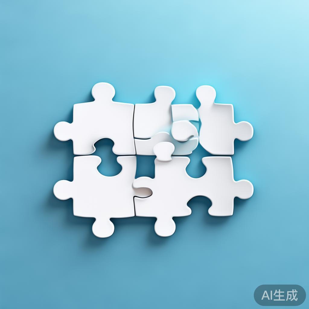 Simple puzzle pieces connecting together, gradient blue background, clean flat design, business solution concept, minimalist style, success concept