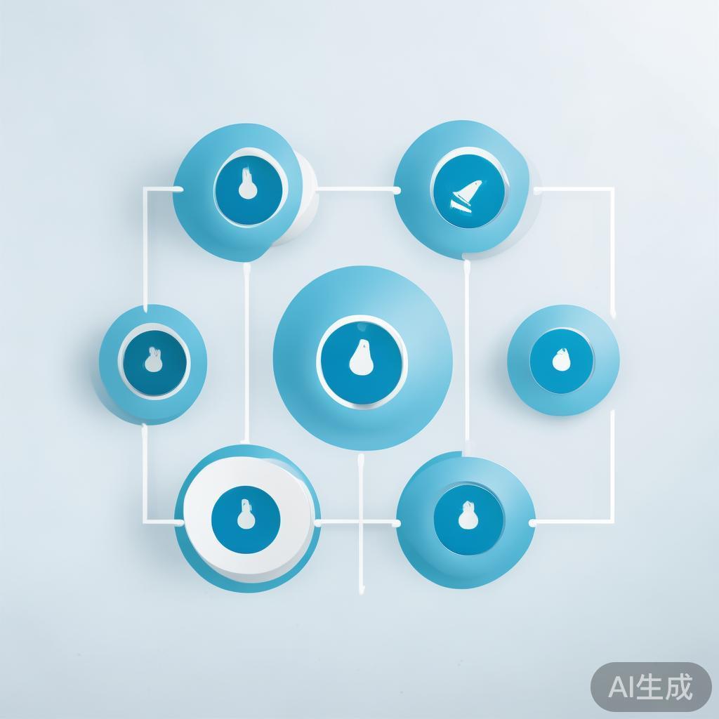 Simple flowchart illustration with connected circles and arrows, light blue and white color scheme, clean minimal design, business presentation style, infographic element