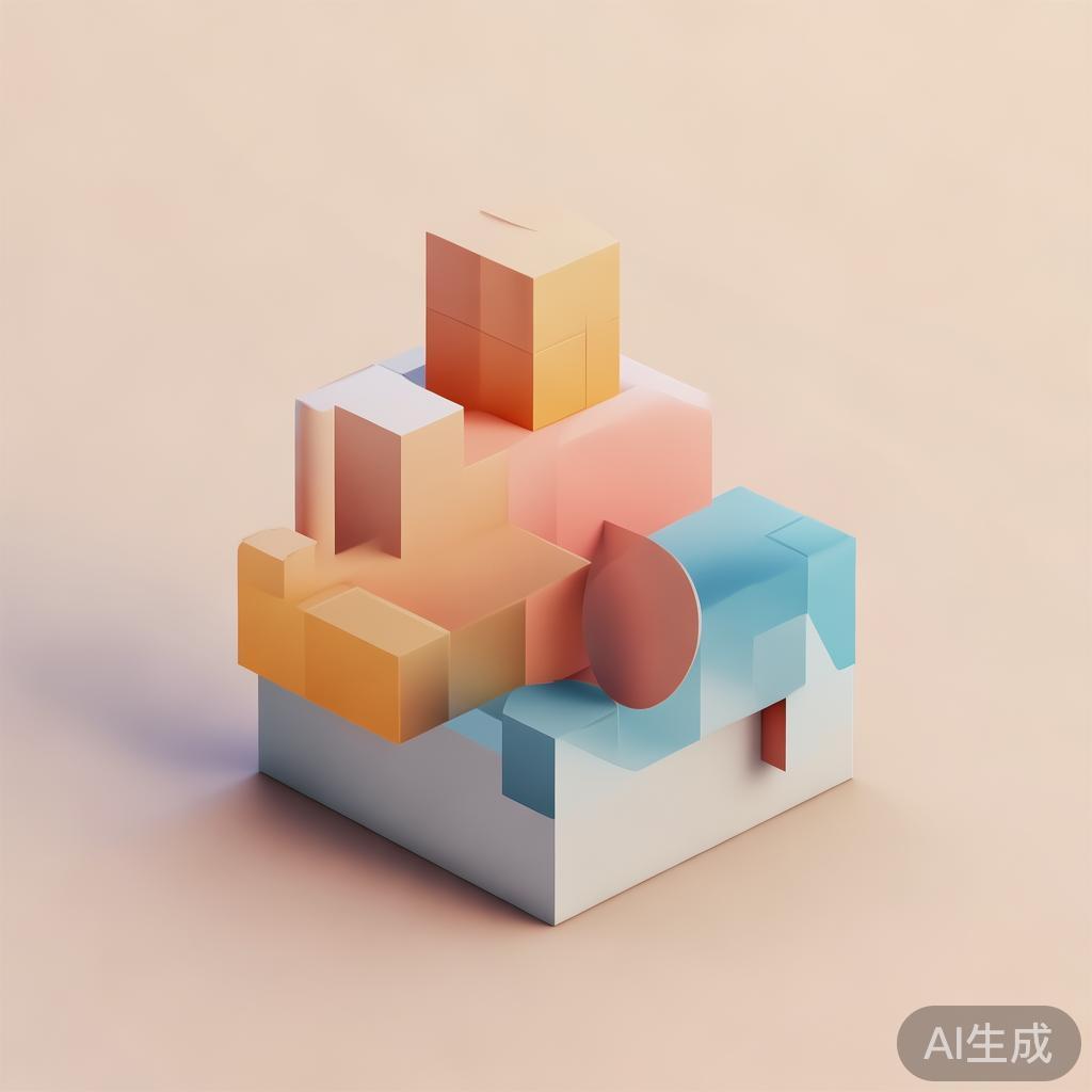 "Abstract geometric composition with overlapping shapes, soft pastel colors, modern minimal style, professional business concept illustration, 3d render isometric"