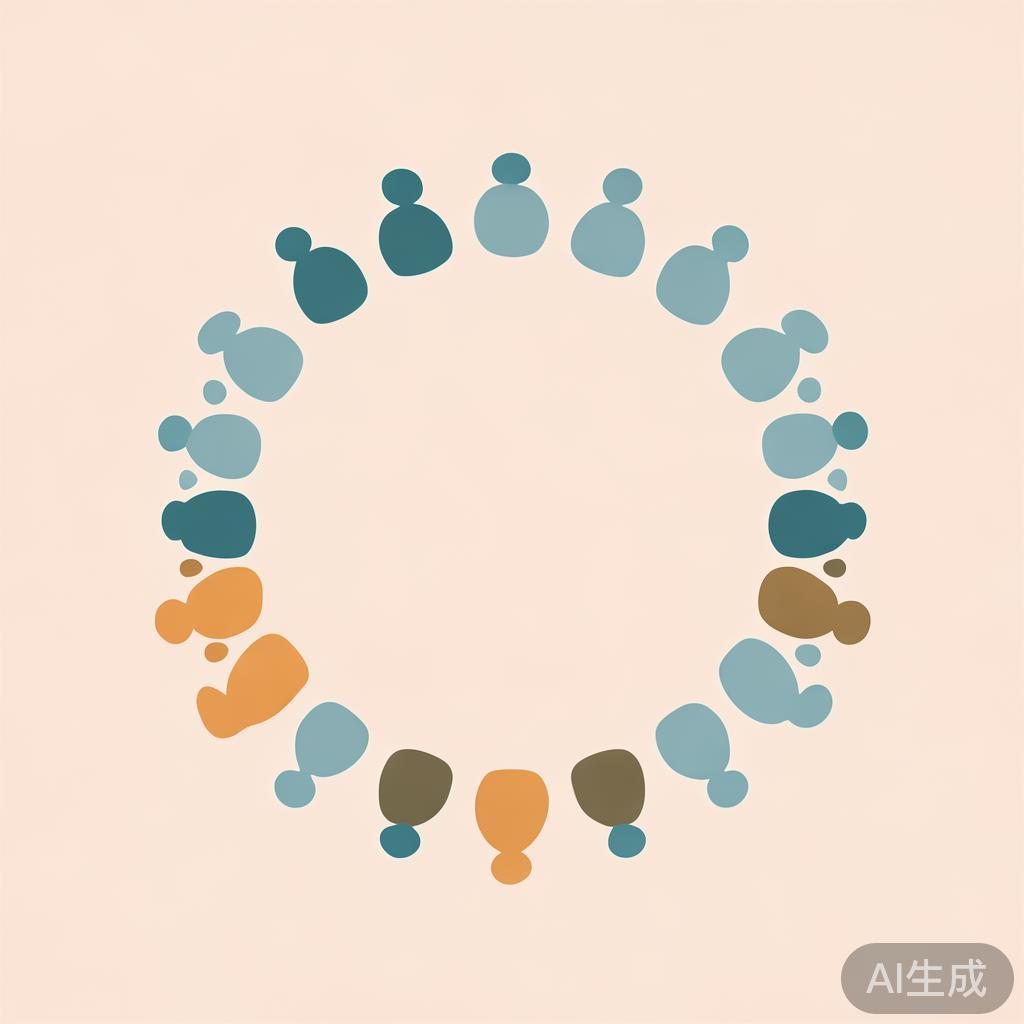 "Simple human figures silhouettes in circular arrangement, soft colors, flat design icons, teamwork concept illustration, minimalist style"