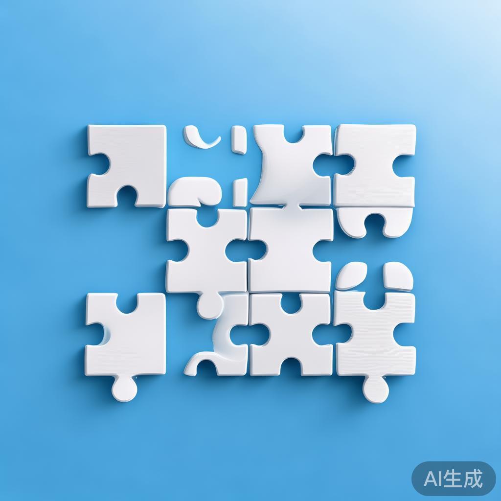 "Simple puzzle pieces connecting together, gradient blue background, clean flat design, business solution concept, minimalist style, success concept"