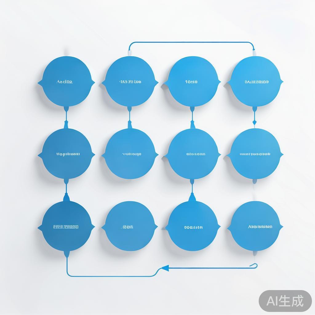 Simple flowchart illustration with connected circles and arrows, light blue and white color scheme, clean minimal design, business presentation style, infographic element