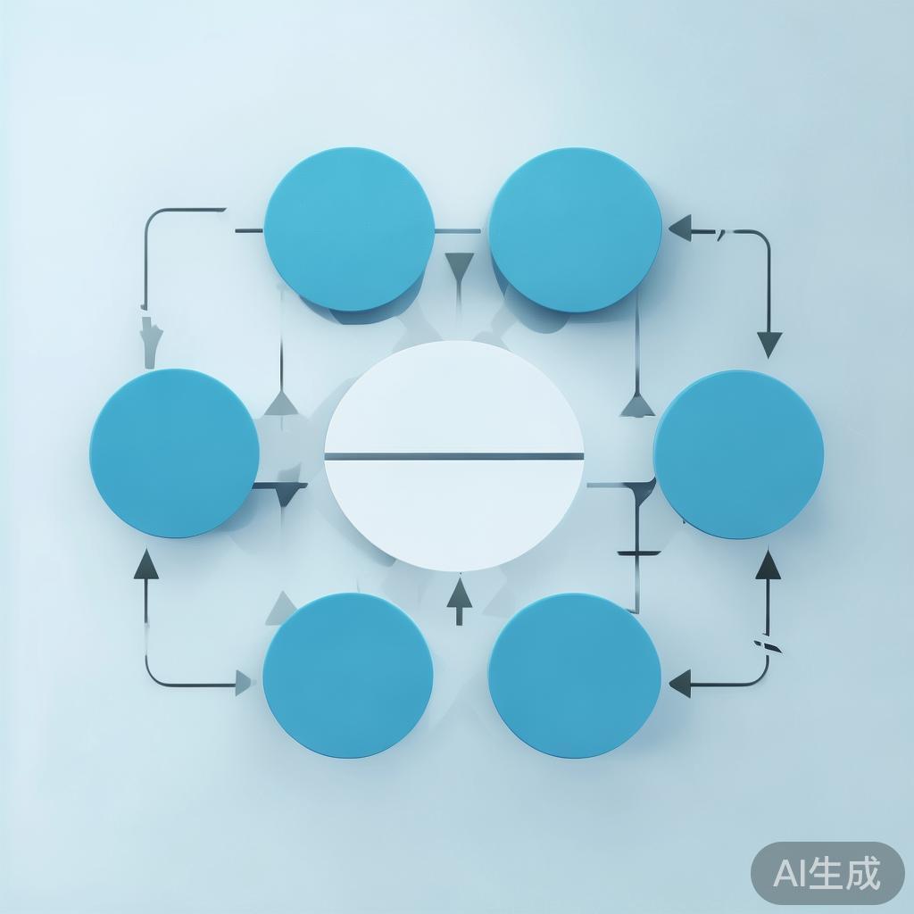 Simple flowchart illustration with connected circles and arrows, light blue and white color scheme, clean minimal design, business presentation style, infographic element, minimal, clean, professional, abstract