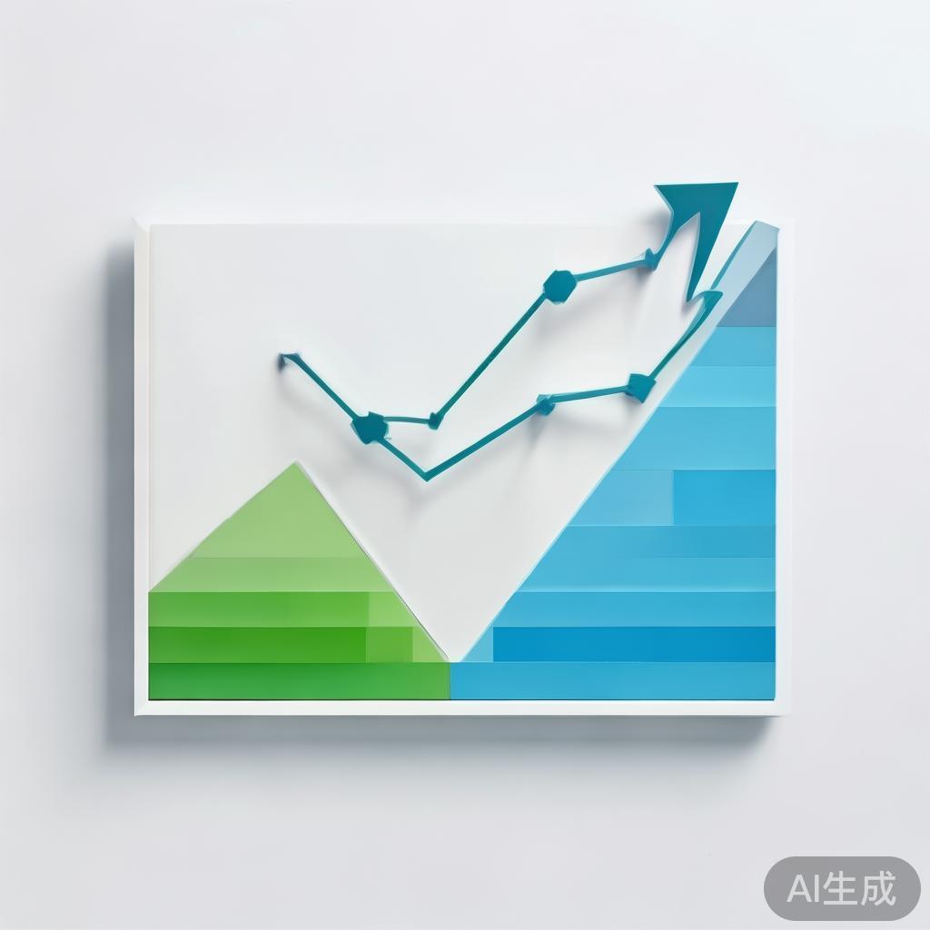 "Upward trending graph with simple geometric elements, green and blue color palette, clean business infographic style, minimal design, growth concept"