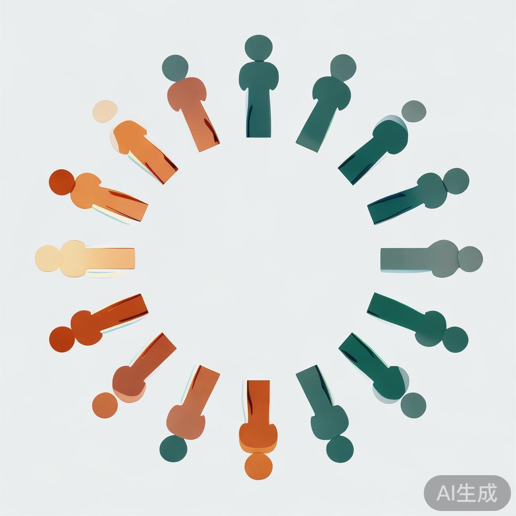 Simple human figures silhouettes in circular arrangement, soft colors, flat design icons, teamwork concept illustration, minimalist style