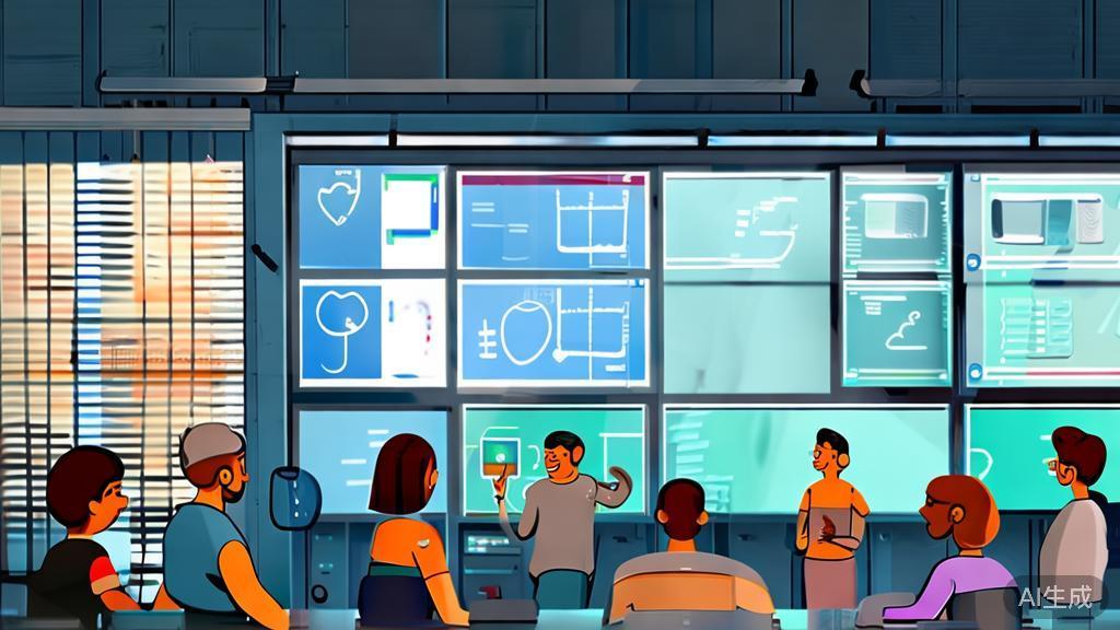 A collaborative meeting scene in a creative team, dashboard style, soft blue gradient