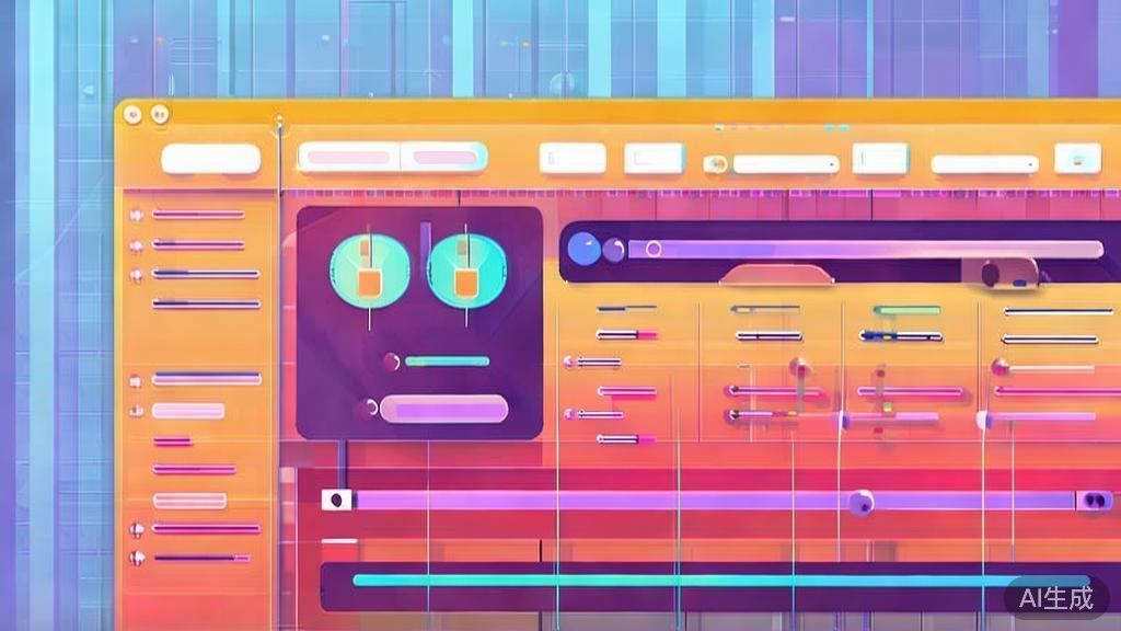 "Flat vector illustration of user interface of video editing software, engaging design, soft colors"