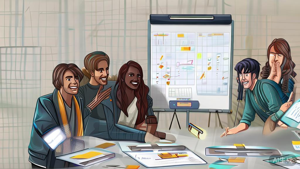 Illustration of a creative team brainstorming and collaborating on a short drama using a production tool, minimalist design