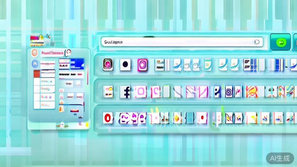 "Flat vector illustration of social media platforms, dashboard style, soft blue gradient"