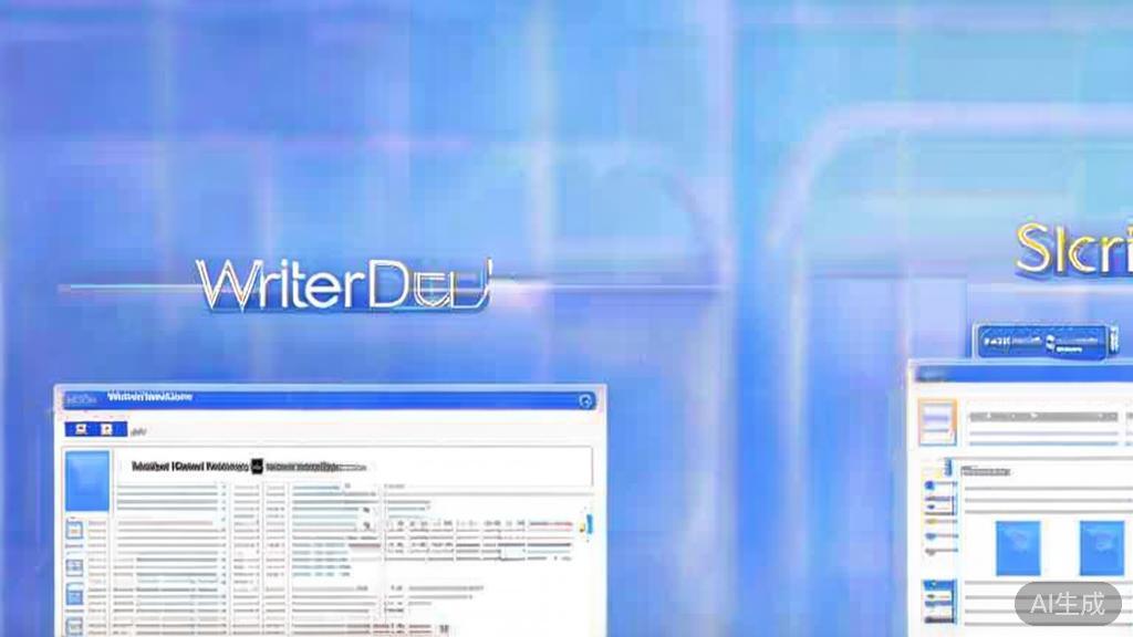"Flat vector illustration of WriterDuet and Scrivener, dashboard style, soft blue gradient"