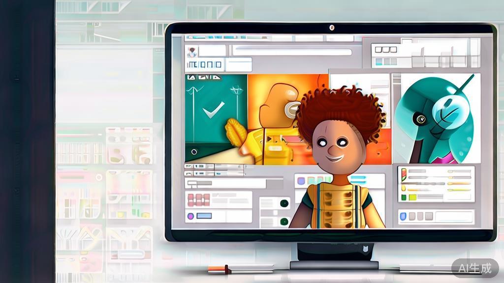 "High-quality illustration showing kids using animation software, minimal flat design"