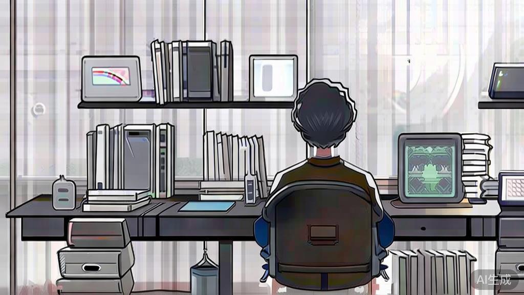 "High-quality illustration of a person studying anime production, with books and computer, in a minimalist flat design"