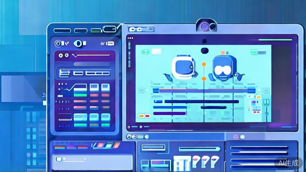Flat vector illustration of AI technology in animation production, dashboard style, soft blue gradient