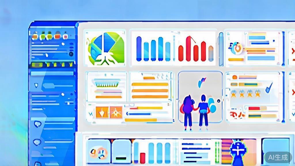 "Flat vector illustration of user feedback process, showcasing audience interactions with animated content, dashboard style, soft blue gradient"