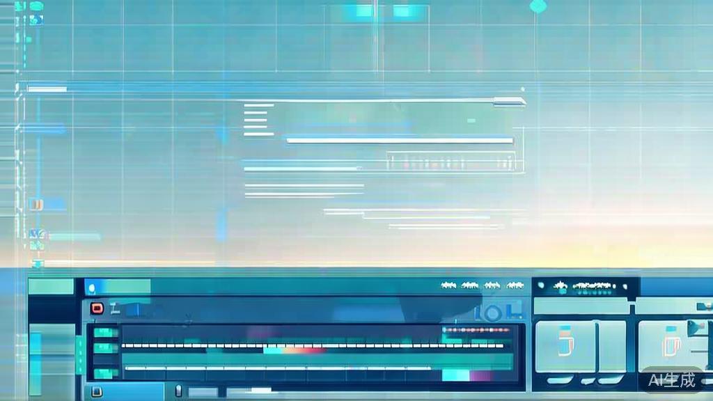 "Flat vector illustration of traditional video editing software, dashboard style, soft blue gradient"