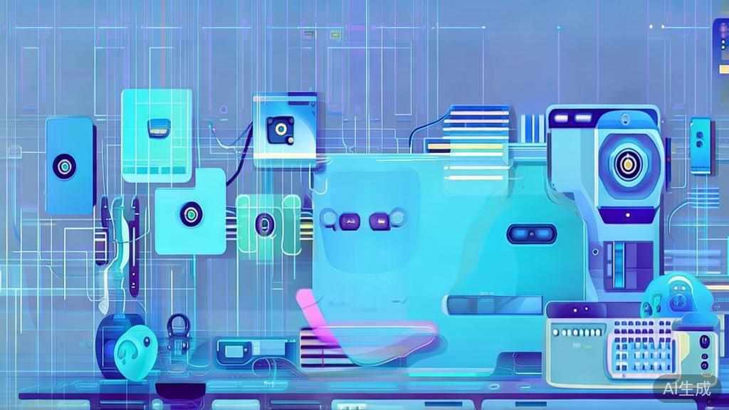 "Flat vector illustration of future art trends with AI tools, soft blue gradient"