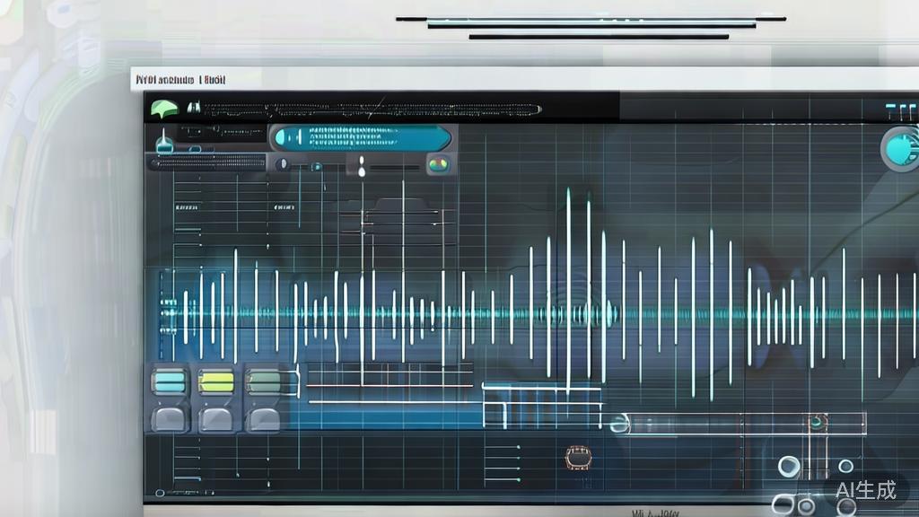 "High-quality business illustration of AI audio processing tool, showing sound waves and editing features, minimal flat design"