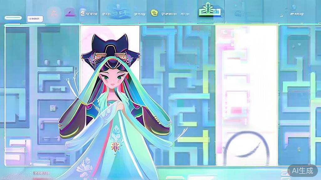 Flat vector illustration of a beautiful Chinese goddess character, dashboard style, soft blue gradient